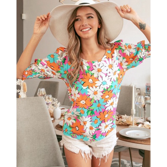 RESTOCK! Multicolor Floral Puff Smocked Sleeve Top! - Picture 6 of 15